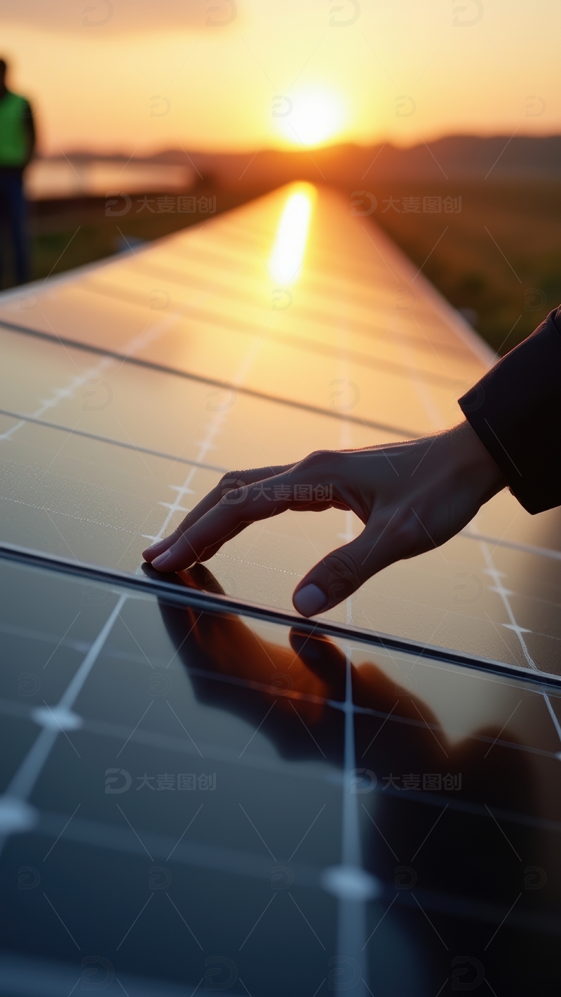 高清大图下载【趣麦麦图】日落时工人检查太阳能板状况