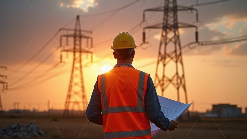 高清大图下载【趣麦麦图】黄昏中工人持图纸查看电塔