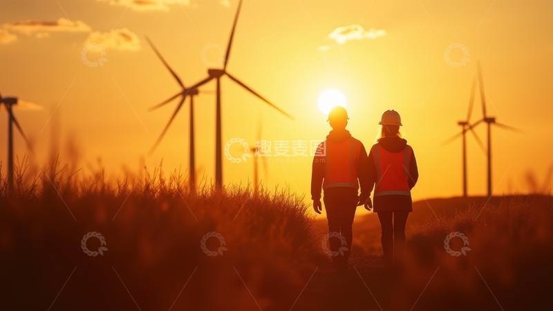 高清大图下载【趣麦麦图】夕阳下风电场地工人并肩前行