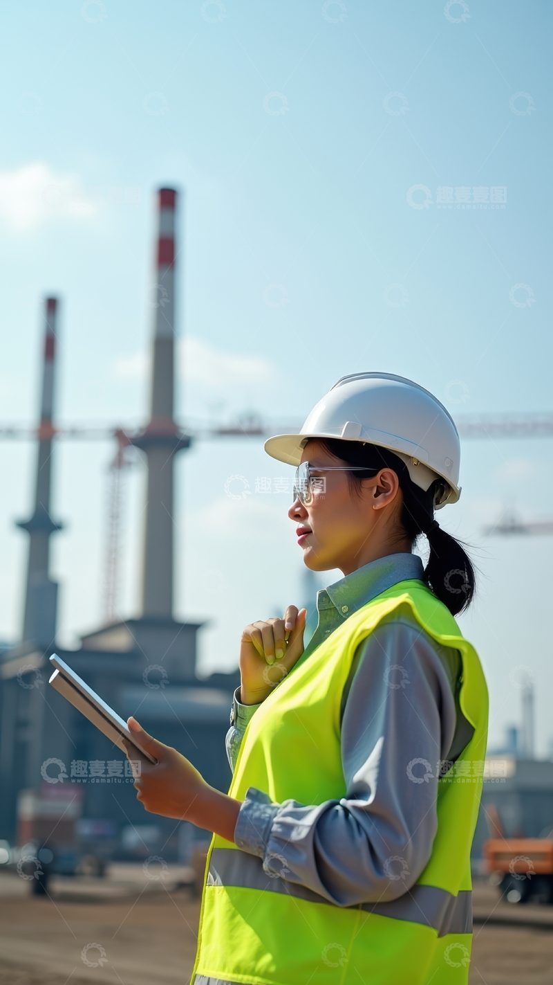 高清大图下载【趣麦麦图】白天电厂区域女工人专注工作