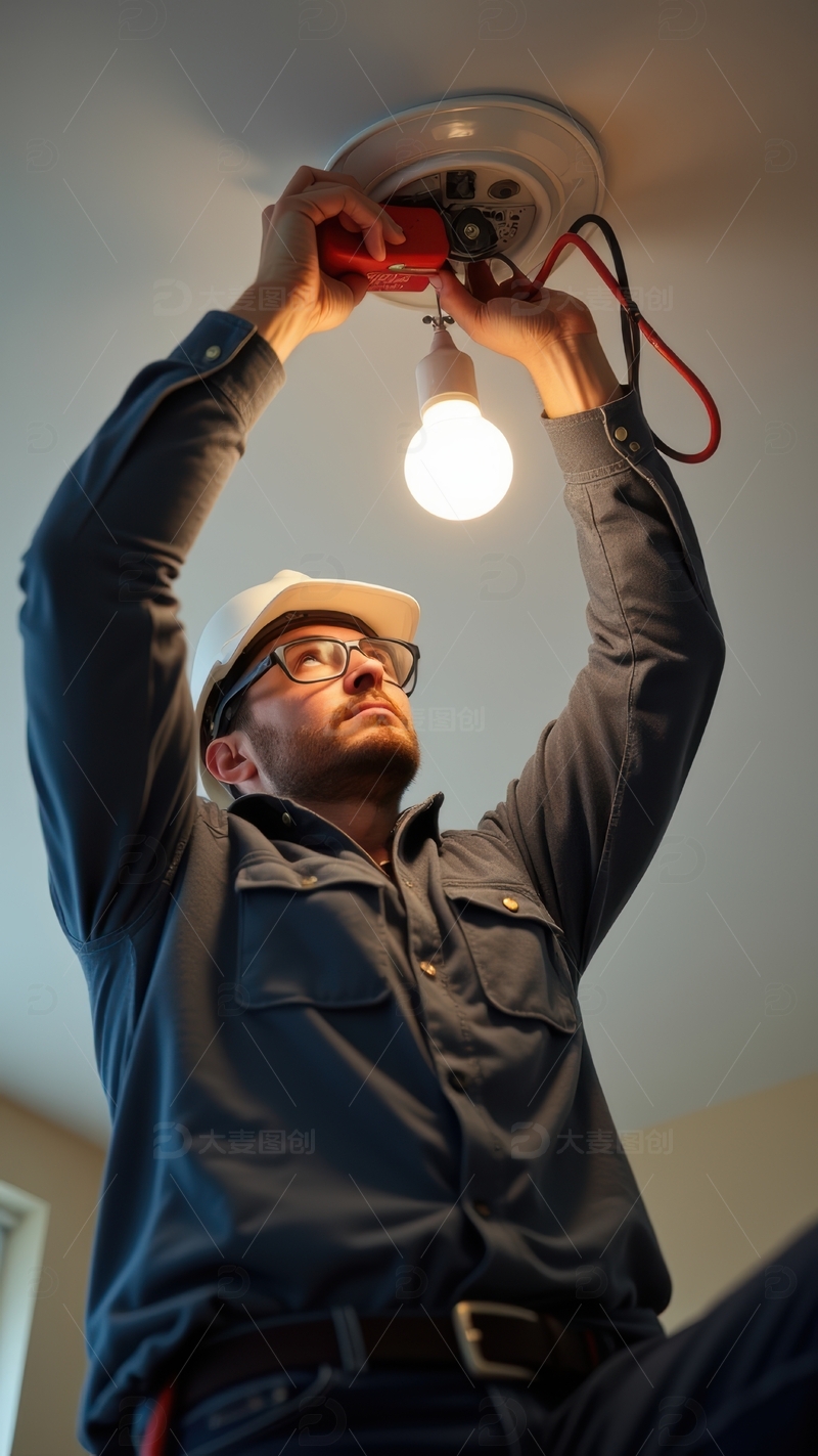 高清大图下载【趣麦麦图】工人在室内安装灯泡连接电路