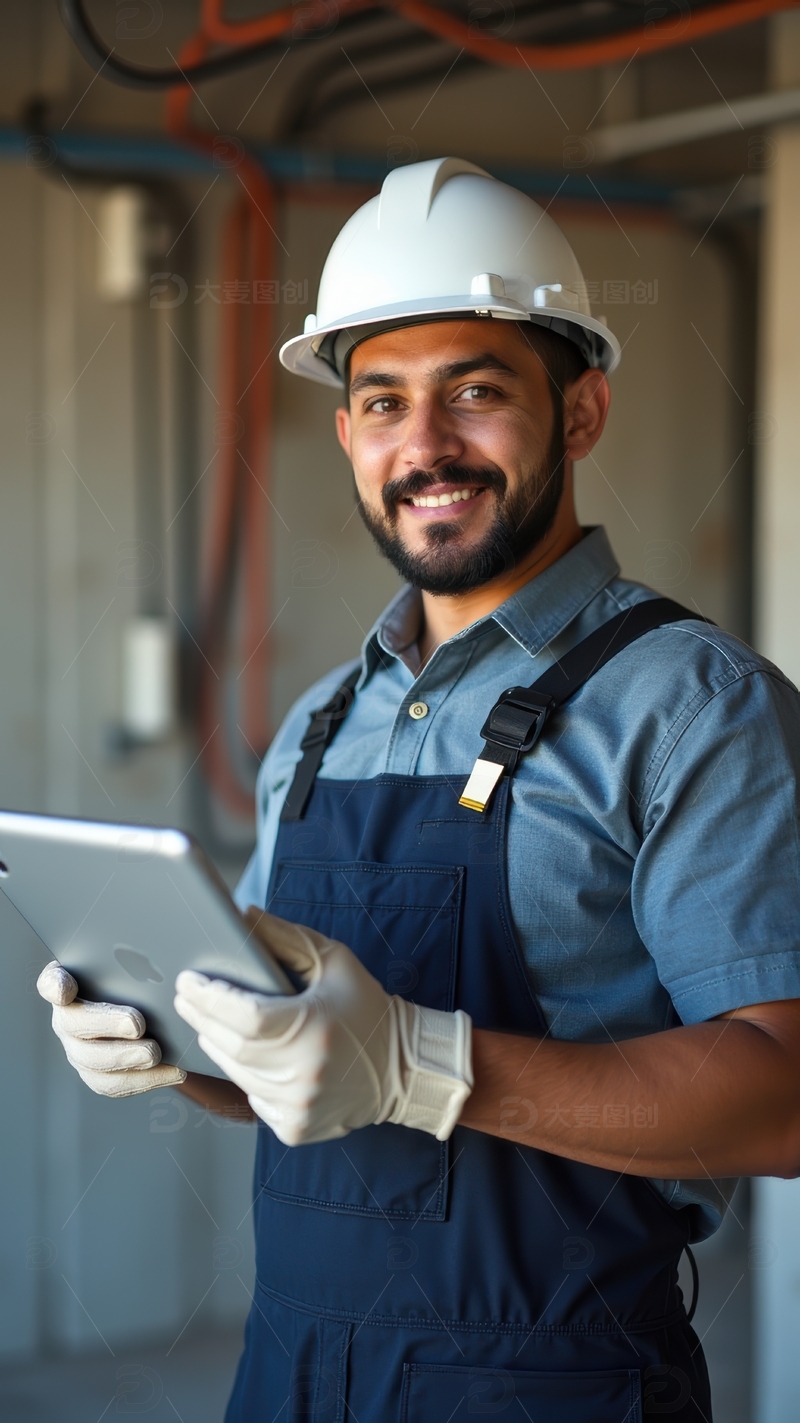 高清大图下载【趣麦麦图】工人在室内用平板记录施工情况