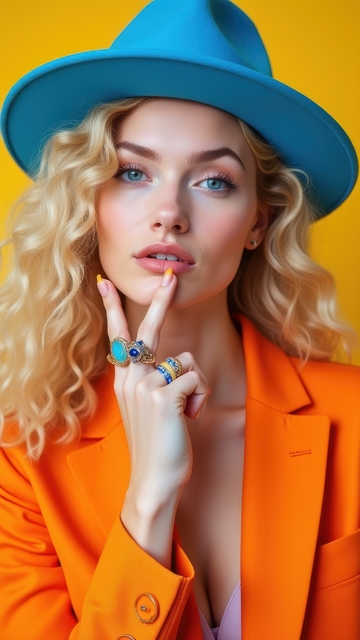 橙衣蓝帽女士的俏皮时尚瞬间