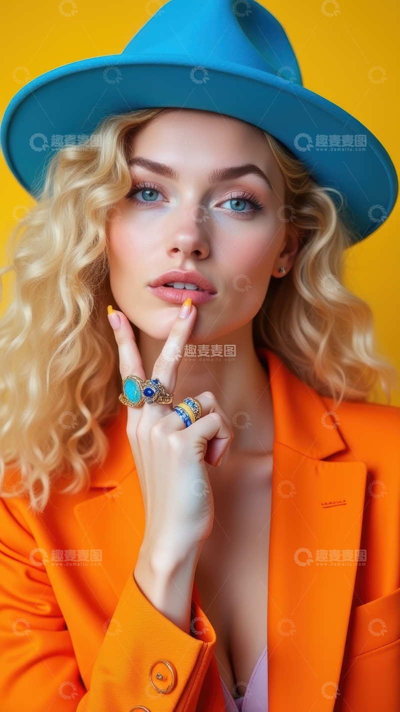 高清大图下载【趣麦麦图】橙衣蓝帽女士的俏皮时尚瞬间