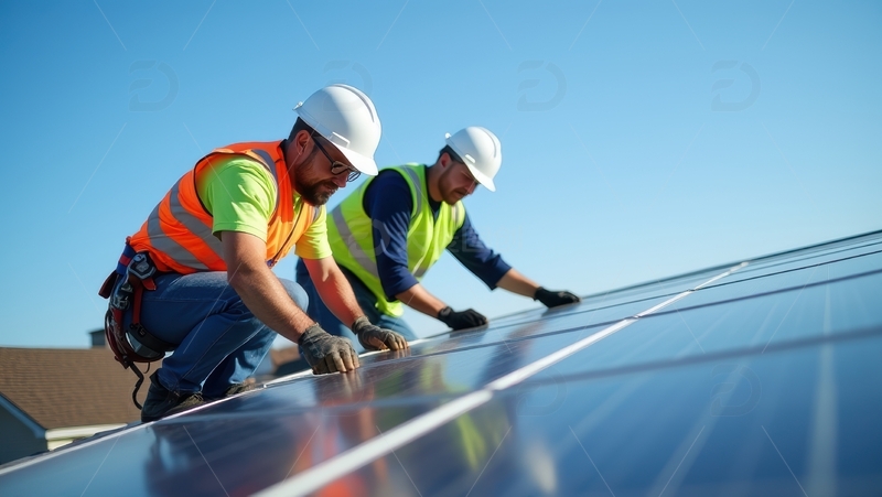 高清大图下载【趣麦麦图】两位工人户外安装太阳能板作业