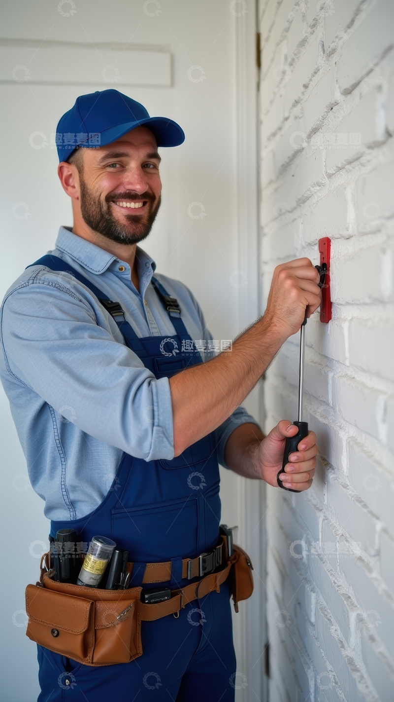 高清大图下载【趣麦麦图】工人在室内用螺丝刀施工墙面