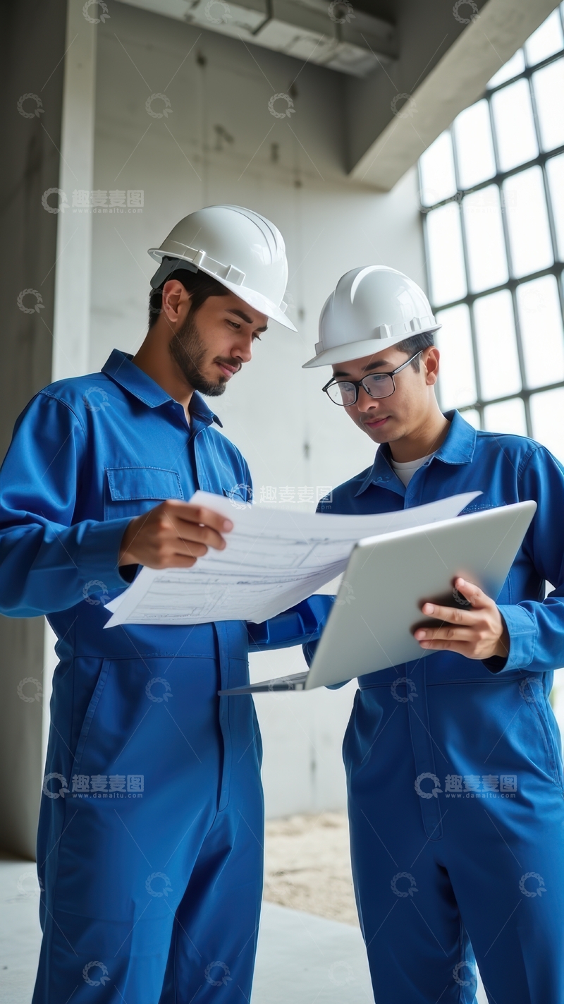 高清大图下载【趣麦麦图】两位蓝工装白帽工人查看资料