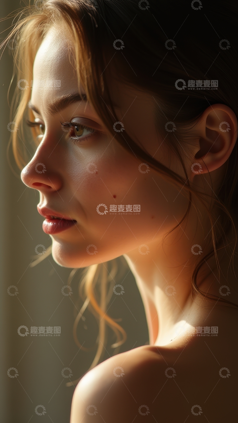 高清大图下载【趣麦麦图】暖光下的侧颜女性优雅瞬间