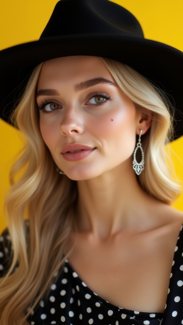 波点裙黑帽女士的优雅气质展现