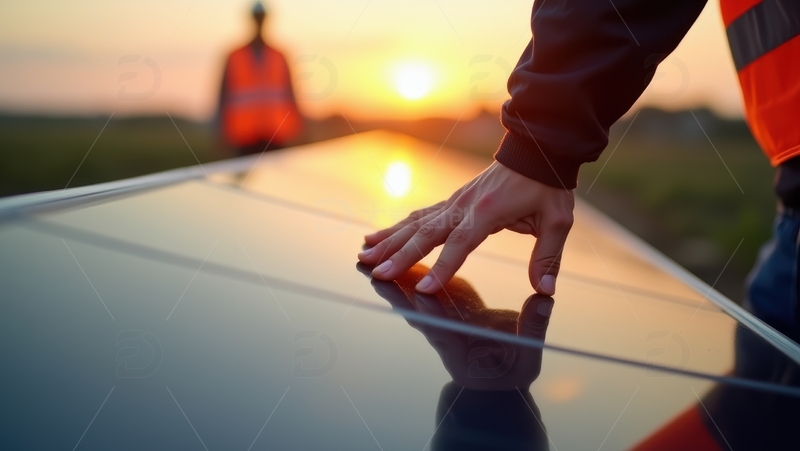 高清大图下载【趣麦麦图】夕阳下工人触摸太阳能板表面