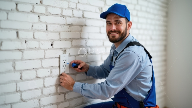 高清大图下载【趣麦麦图】工人在室内安装电源插座面板