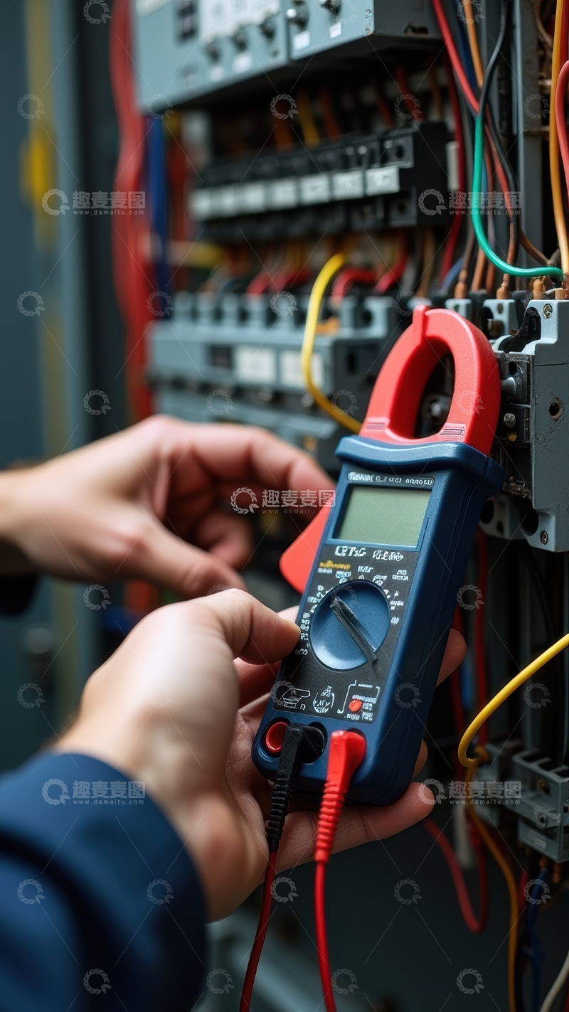 高清大图下载【趣麦麦图】工人于配电箱前检测电气参数