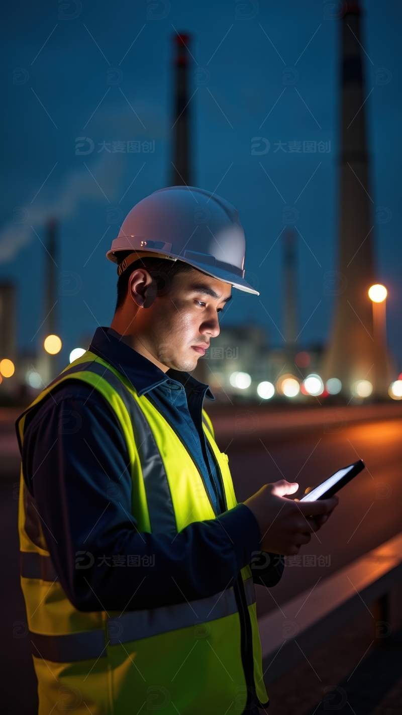 高清大图下载【趣麦麦图】黄背心白帽工人夜间操作平板