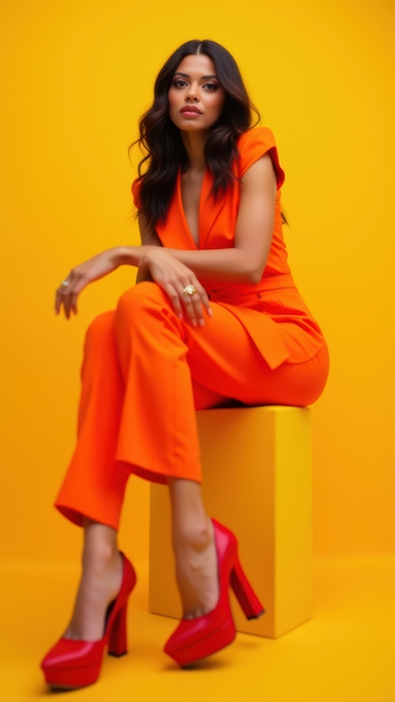 橙衣红鞋女士的时尚活力坐姿