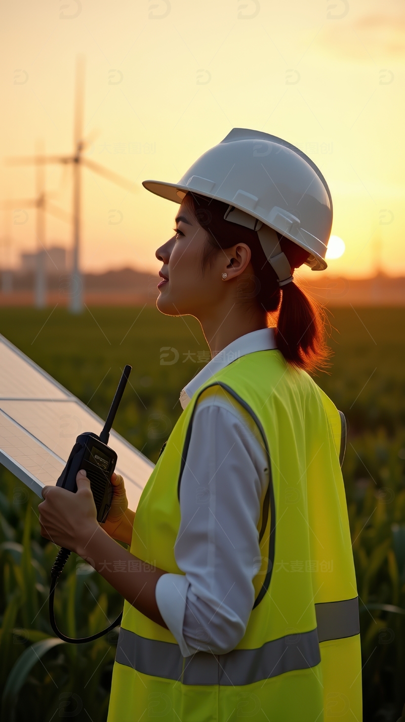 高清大图下载【趣麦麦图】日落时女工人于光伏场通讯作业