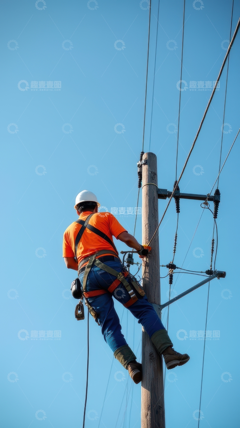 高清大图下载【趣麦麦图】晴天工人攀爬电线杆进行维护
