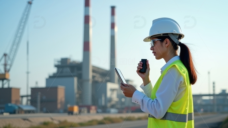 高清大图下载【趣麦麦图】白天电厂前女工人通讯操作