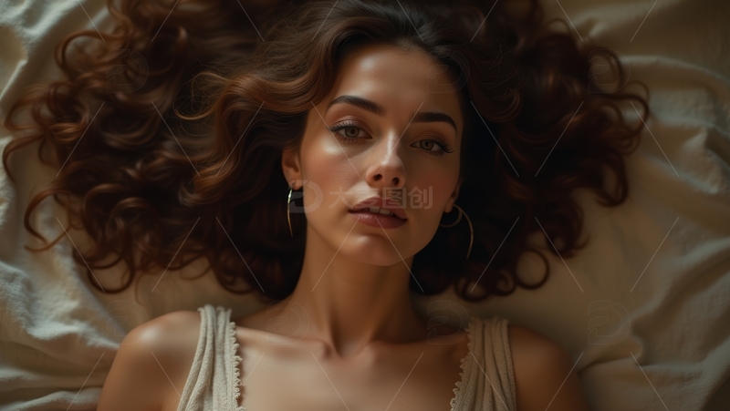 高清大图下载【趣麦麦图】卧姿女性的慵懒卷发优雅氛围