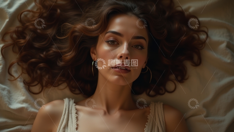 高清大图下载【趣麦麦图】卧姿女性的慵懒卷发优雅氛围