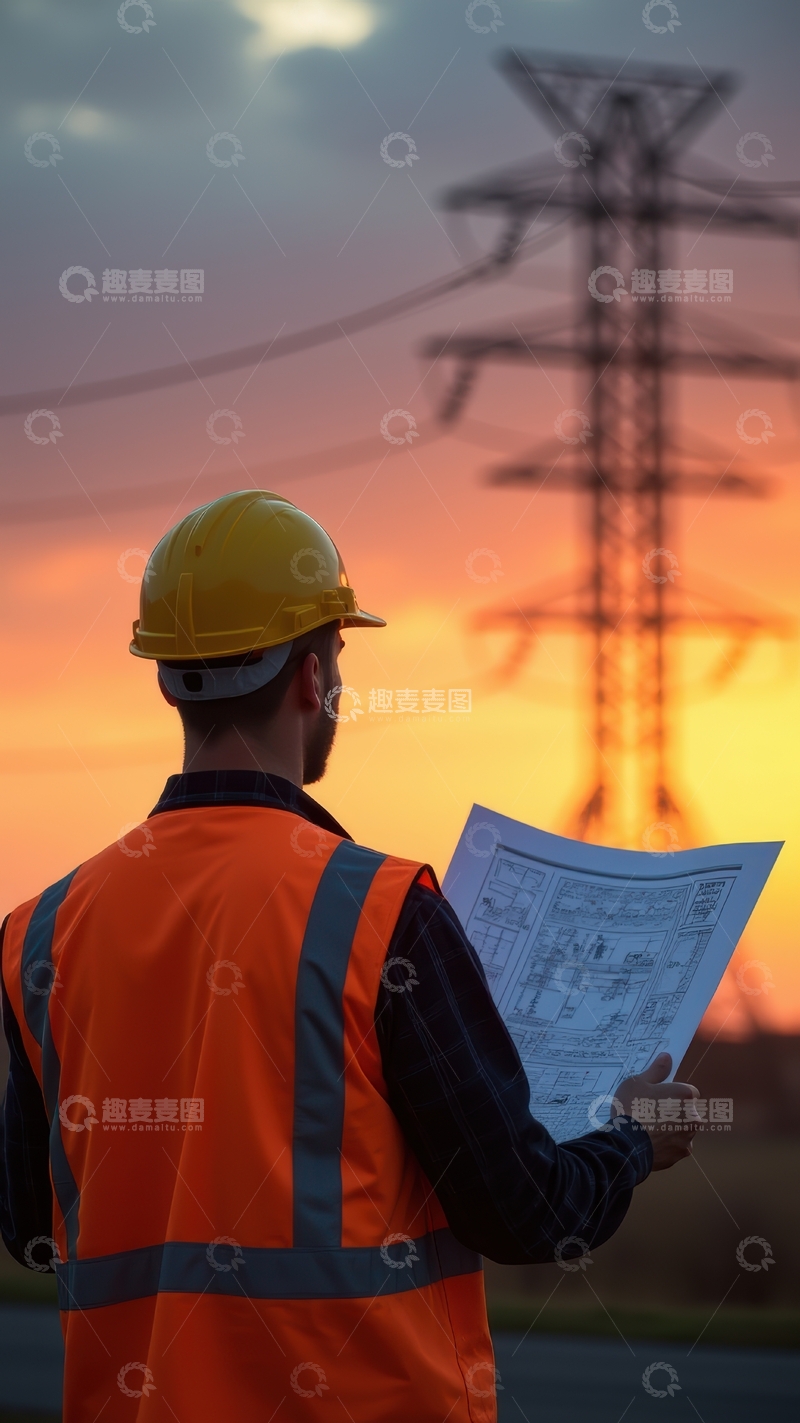 高清大图下载【趣麦麦图】傍晚工人对照图纸审视电塔