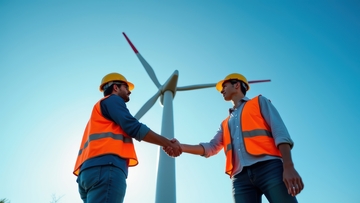 两位风电工人完工后握手庆祝