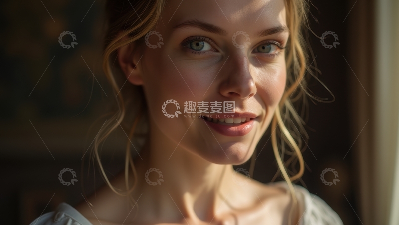 高清大图下载【趣麦麦图】暖光中微笑女子的灵动魅力