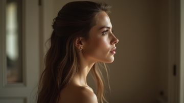 室内暖光下女子的侧颜优雅神态