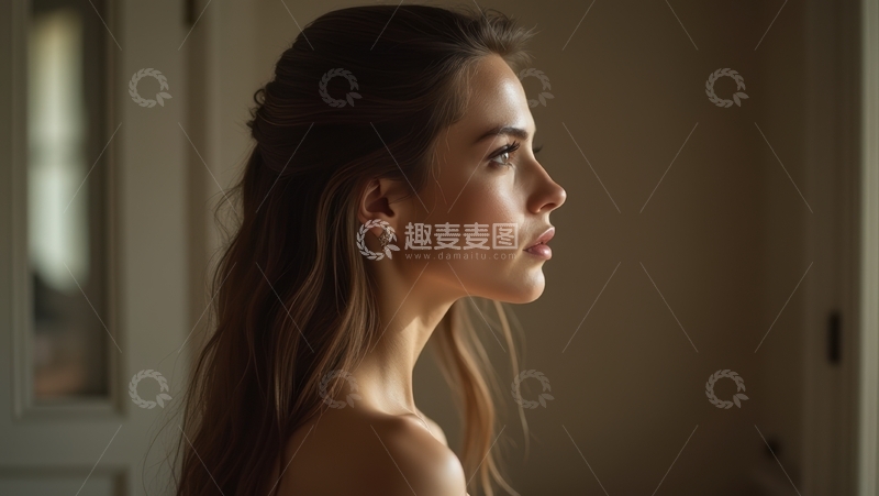 高清大图下载【趣麦麦图】室内暖光下女子的侧颜优雅神态