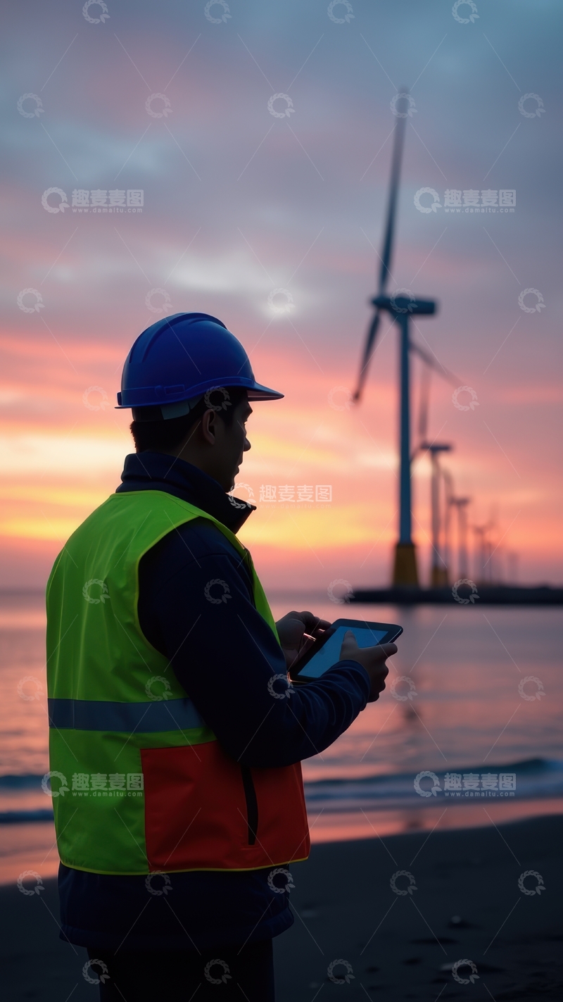 高清大图下载【趣麦麦图】海滨傍晚工人用平板记录风电