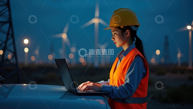 高清大图下载【趣麦麦图】夜间风电场地工人操作笔记本