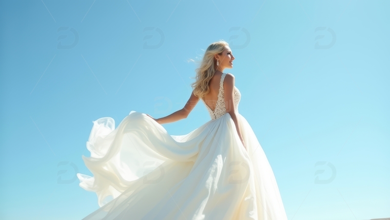 高清大图下载【趣麦麦图】蓝天中婚纱女士的优雅飘逸时刻