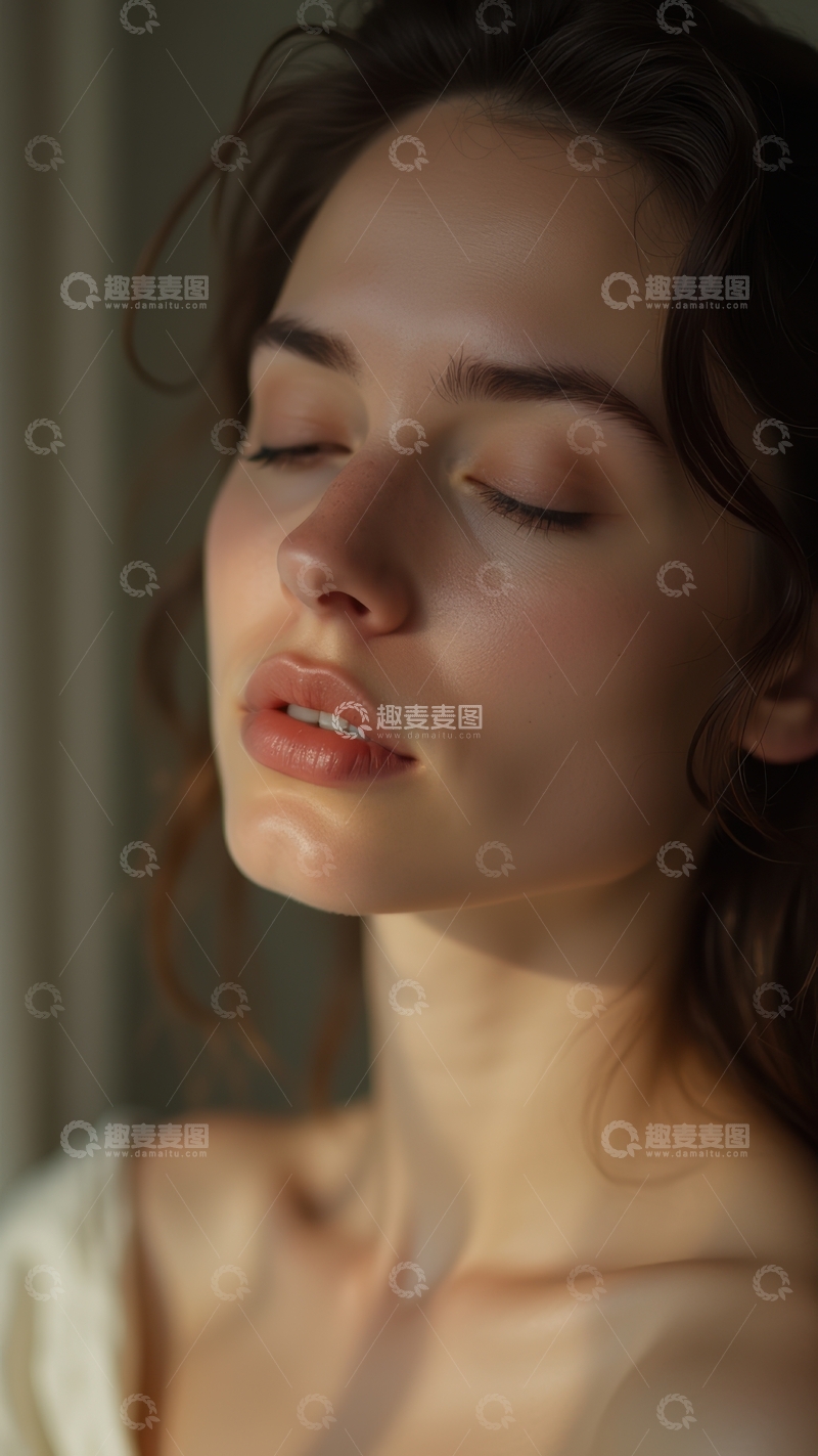 高清大图下载【趣麦麦图】暖光下闭眼女子的静谧温柔姿态