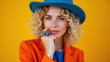 橙衣蓝帽女士的时尚优雅姿态