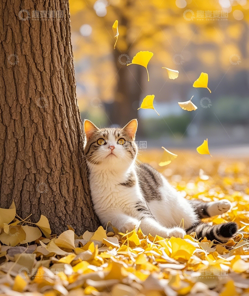 高清大图下载【趣麦麦图】银杏树下的小猫8