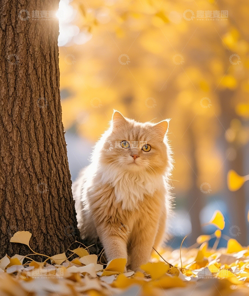 高清大图下载【趣麦麦图】银杏树下的小猫4