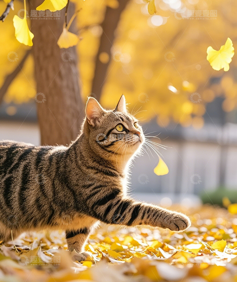 高清大图下载【趣麦麦图】银杏树下的小猫5