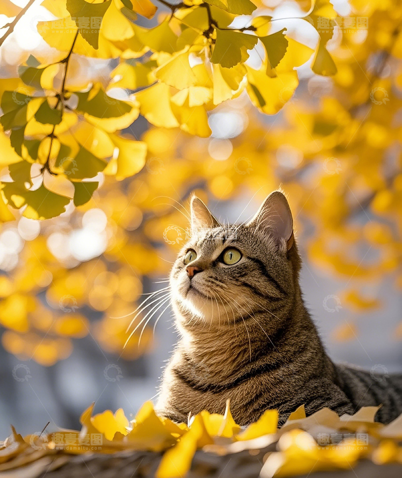 高清大图下载【趣麦麦图】银杏树下的小猫3