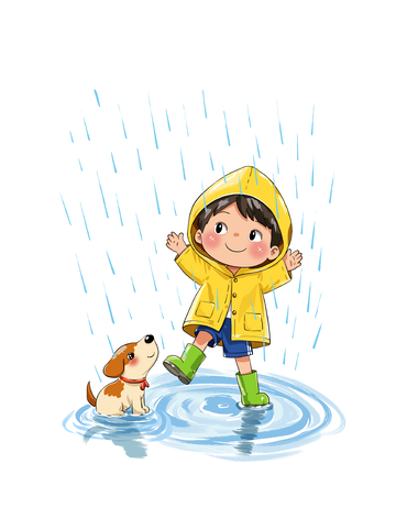 穿着雨衣跟小狗在雨中跳舞的可爱儿童小孩