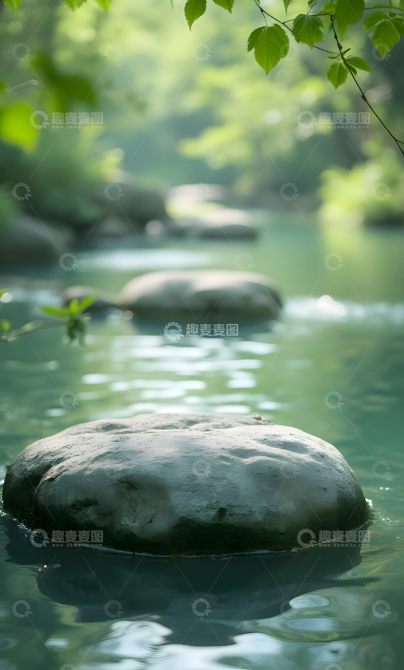 高清大图下载【趣麦麦图】户外山水溪流光影绿色大自然背景电商产品展示1
