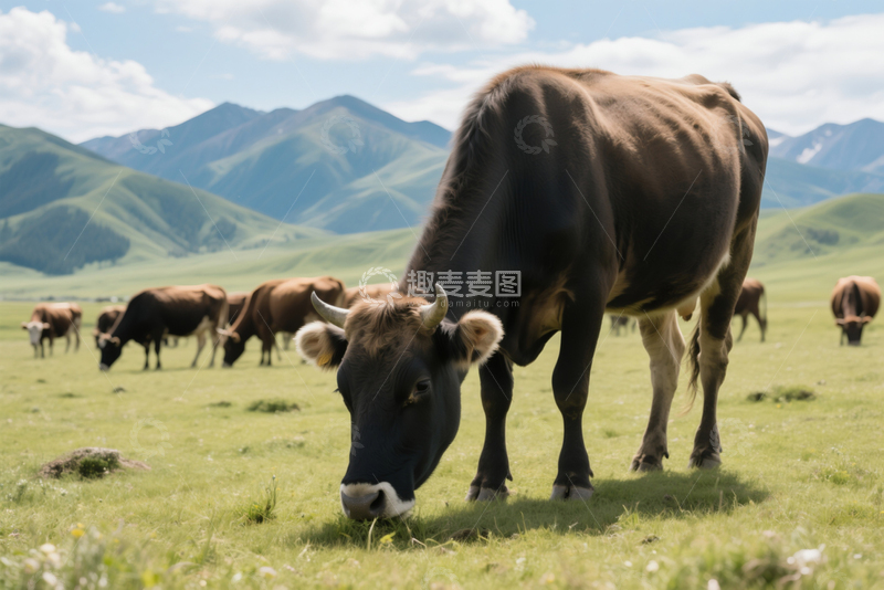 高清大图下载【趣麦麦图】低头吃草的牛2