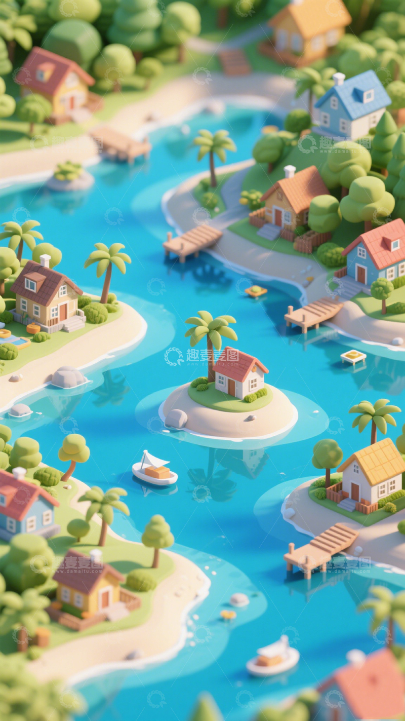 高清大图下载【趣麦麦图】充满房屋和湖泊的天堂岛1