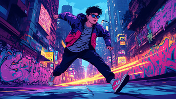 创意卡通朋克风街上跳舞的青年插画1