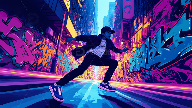 高清大图下载【趣麦麦图】创意卡通朋克风街上跳舞的青年插画