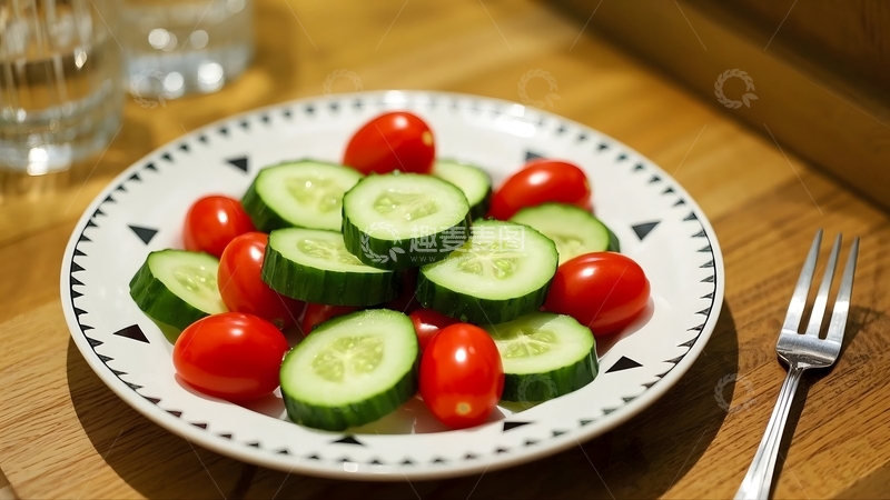 高清大图下载【趣麦麦图】盘子中放着切片黄瓜与小番茄1