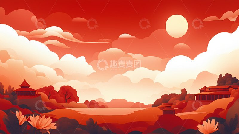 高清大图下载【趣麦麦图】创意卡通手绘红色天空风景插画
