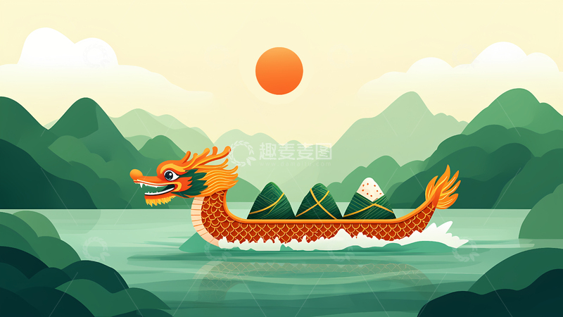 高清大图下载【趣麦麦图】创意卡通手绘端午节赛龙舟插画2