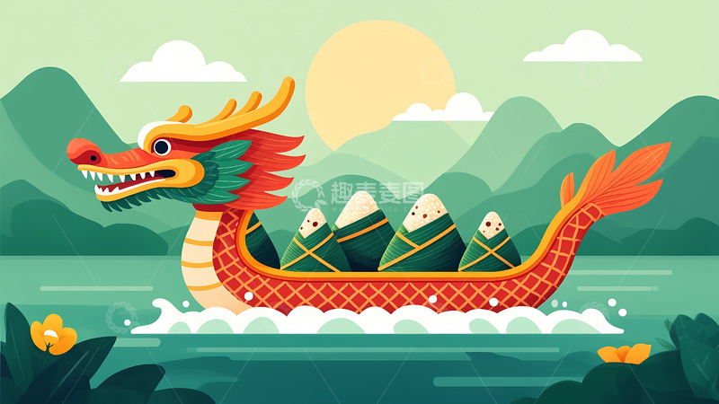 高清大图下载【趣麦麦图】创意卡通手绘端午节赛龙舟插画1