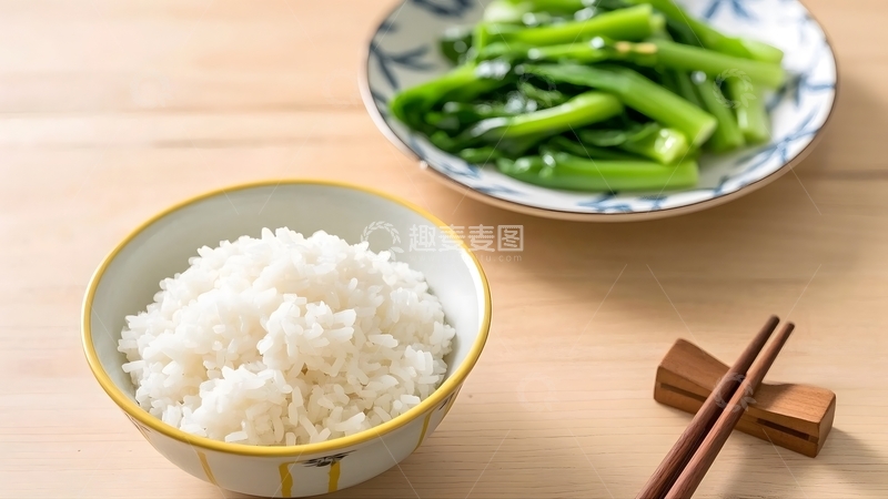 高清大图下载【趣麦麦图】一盘青菜和白米饭特写2