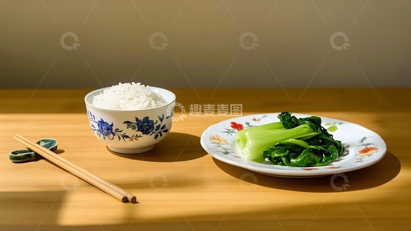 高清大图下载【趣麦麦图】一盘青菜和白米饭特写1