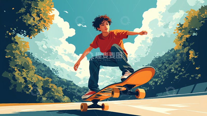 高清大图下载【趣麦麦图】创意卡通手绘滑板少年插画背景